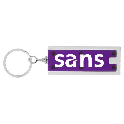 Blue plastic LED light keychain with custom one color imprint.