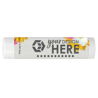 Flowered background lip balm with a promotional logo.