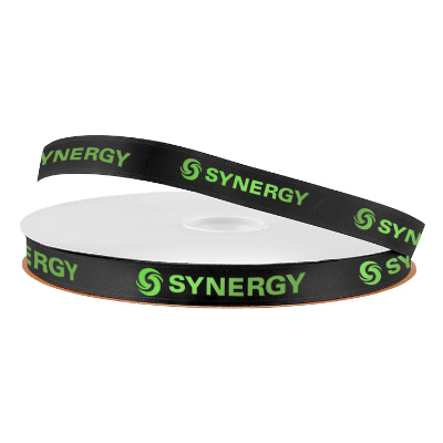 Black satin ribbon with a personalized logo.