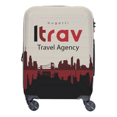 Hard case carry-on luggage with custom all-over imprint.