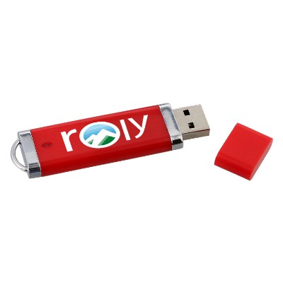 Red aluminum flash drive with a personalized logo.