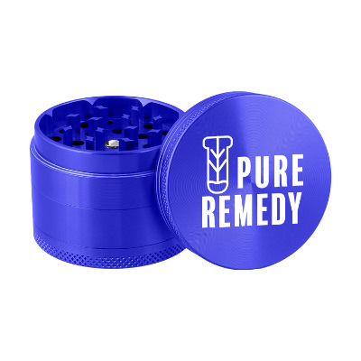 Blue metal grinder with custom logo.