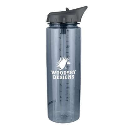 Plastic black bottle with custom logo.