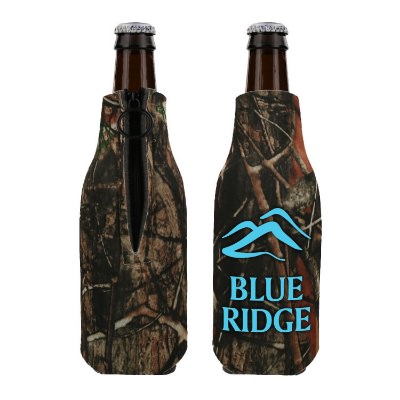 Foam true life camo zipper bottle cooler with custom printing.