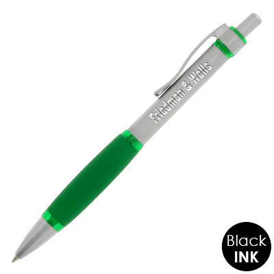 Slim pen with rubber grip and custom engraved logo.