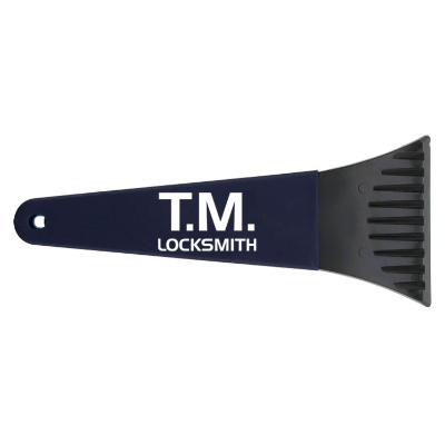 Gray handled 10-in. ice scraper with custom promotional logo.