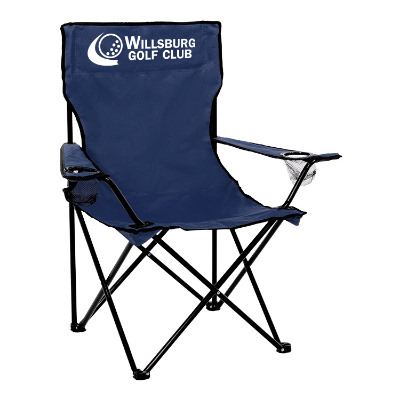 Navy polyester chair with a custom logo.