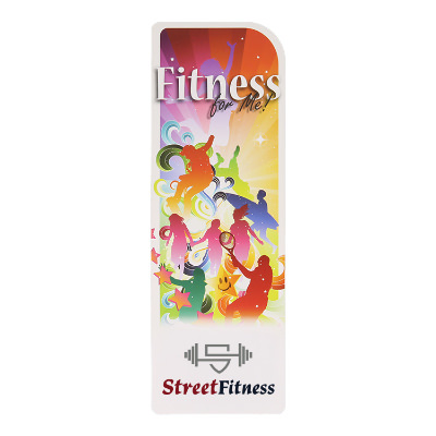 White cardstock bookmark with a branded logo.