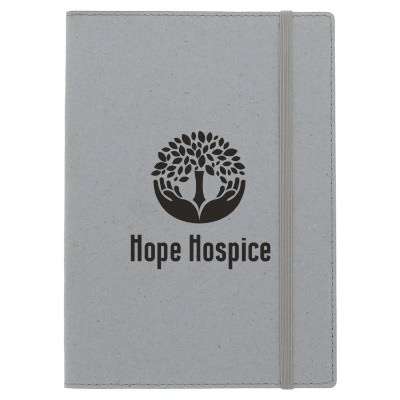Gray vaquero recycled leather journal with personalized imprint.
