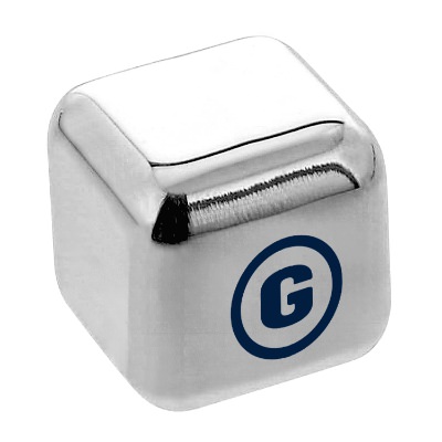 Stainless ice cube with custom logo.