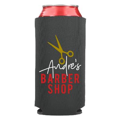 Foam charcoal can cooler with custom full-color logo.