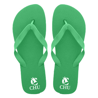 Rubber green flip flops with custom logo.