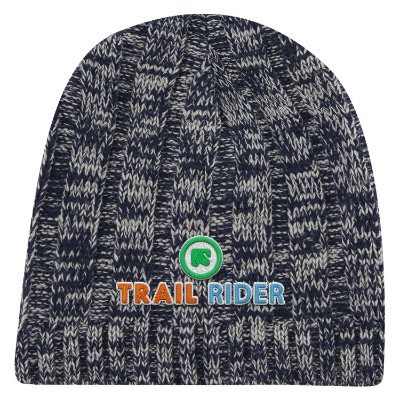 Embroidered navy blue customized knit beanie.
