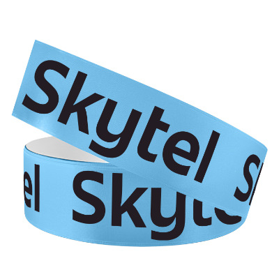 Blue satin ribbon with a custom logo.