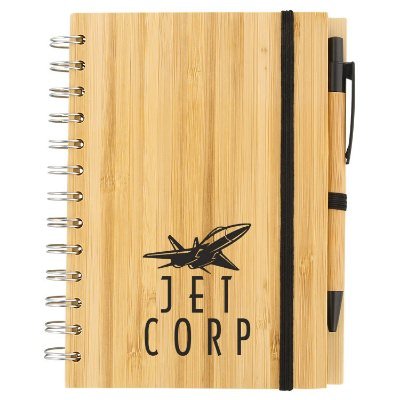 Bamboo notebook with bamboo pen and logo.