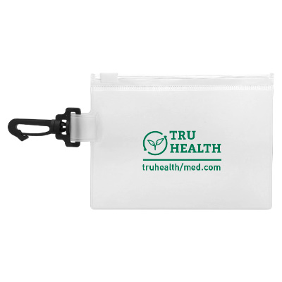 White vinyl first aid kit with a custom logo.