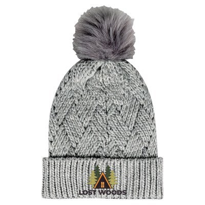Embroidered grey custom knit beanie.