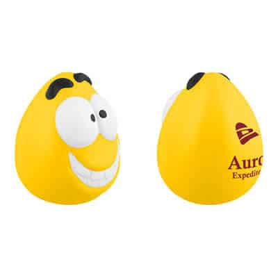 Foam happy mini maniac stress ball with a branded logo.