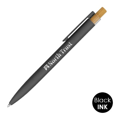 Gunmetal aluminum pen with a branded imprint.