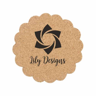 Cork 4 inches flower coaster with custom imprint.