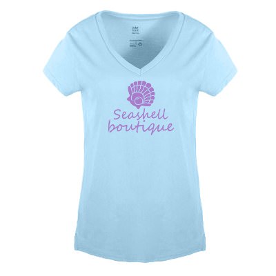 Crystal blue women's tee with custom logo.
