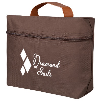 Polyester brown cosmetic bag with logoed imprint.