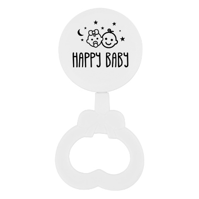 White baby rattle with custom logo.