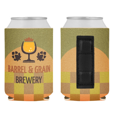 Checkered can cooler with custom full color imprint.