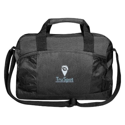 Black messenger bag with pocket and custom embroidered logo.