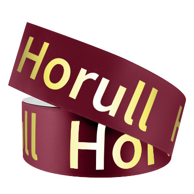 Burgundy satin ribbon with a personalized imprint.