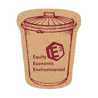 Large cork trash can coaster with customized logo.
