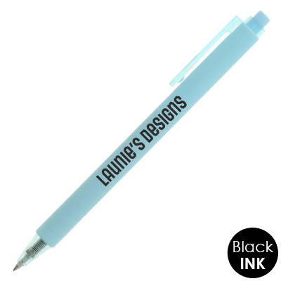 Colored soft sided pen with translucent clip and customized logo.