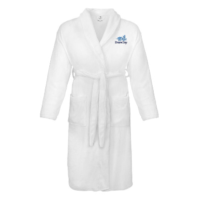 Polyester white robe with custom embroidered logo.