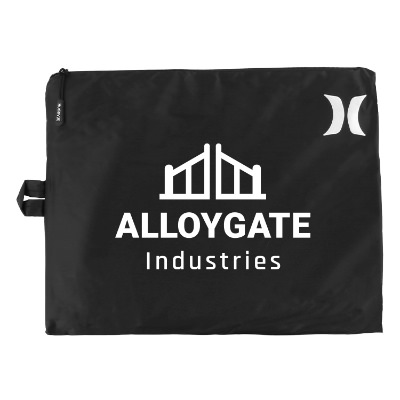 Black poncho with custom imprint.