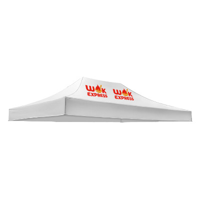 White 15-ft. tent canopy with custom imprint in 2 locations.