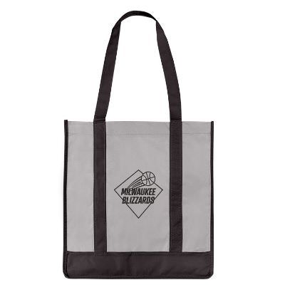 Polyproyplene tan and ivory tote with custom logo and matching bottom insert.
