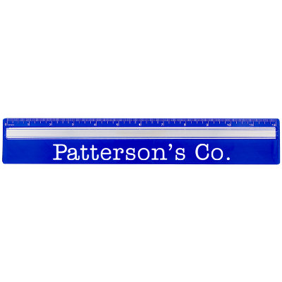 Branded 12 inch red magnifying plastic ruler.