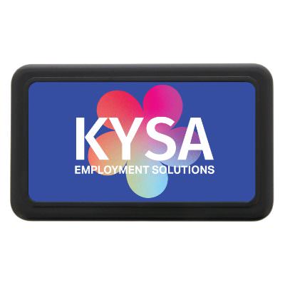 Black color plastic trailer hitch cover with a full color custom printed logo.