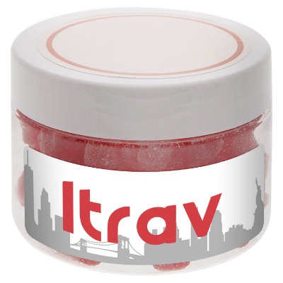 Clear plastic jar with a personalized logo.
