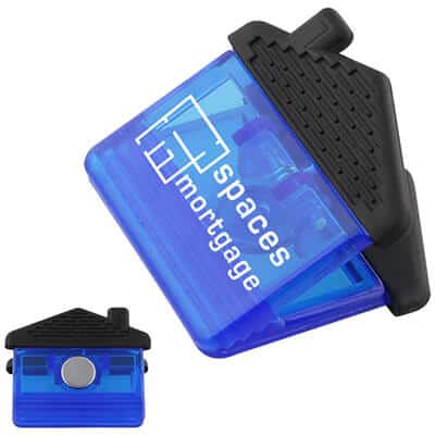 Plastic blue house chip clip with custom imprint.