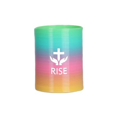 Rainbow plastic spring with a custom logo.