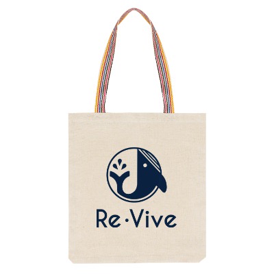 Recycled cotton tote with rainbow webbing handles and custom logo.