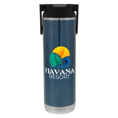 Blue stainless water bottle with custom full color logo.