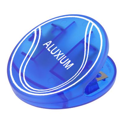 Plastic translucent blue tennis ball magnet chip clip with imprint.