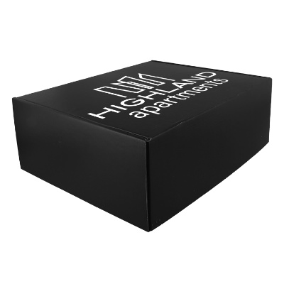 Black cardboard box with a branded logo.