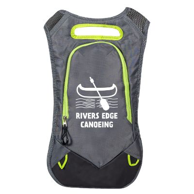 Lime green hydration backpack with custom logo.