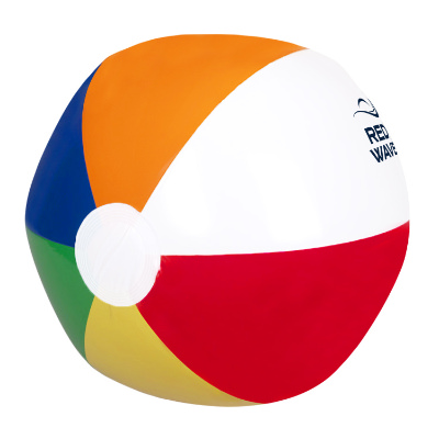 Multi-colored vinyl beach ball with a personalized logo.
