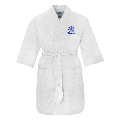 White cotton polyester robe with custom embroidered logo.