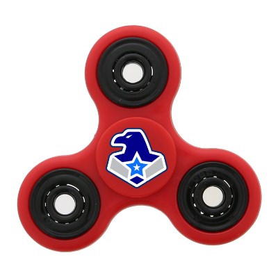 Red plastic fidget spinner with a personalized logo.