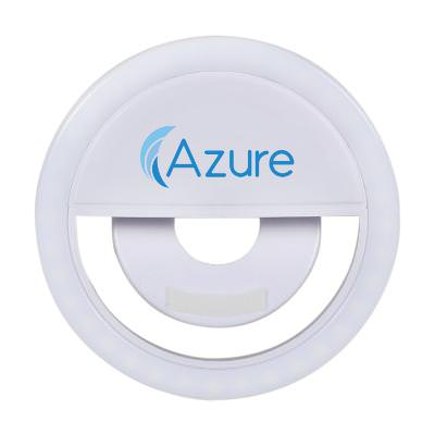 Plastic white selfie light with a custom imprint.